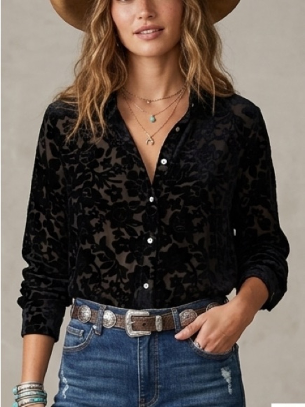 Vintage Sheer Black Velvet Burnout Silk Blend Shirt M Black Floral Boho Western